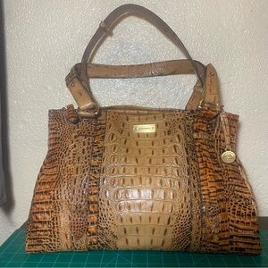 Brahmin Shelby Tan Brown Alligator Embossed Leather Divided Satchel Shoulder Bag